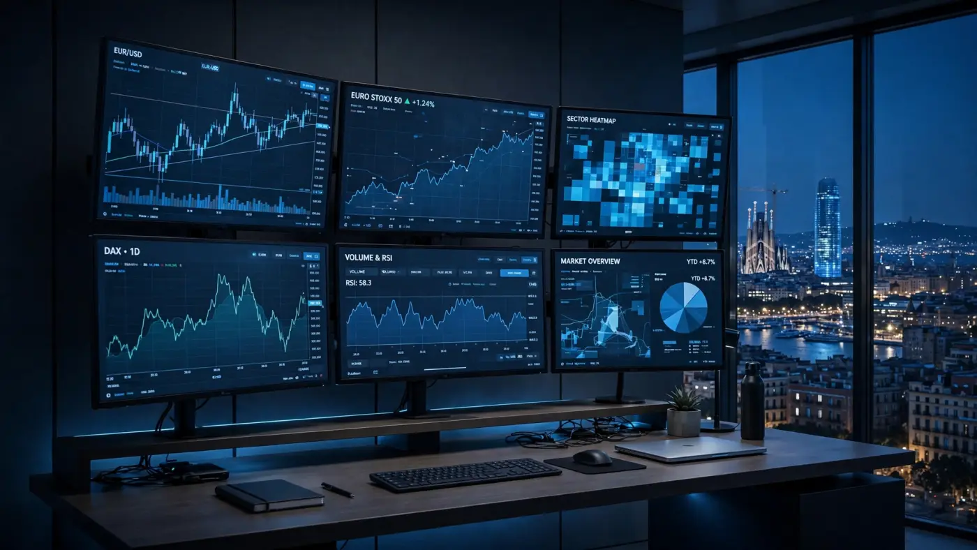 Sala de análisis financiero moderna con pantallas y vista de Barcelona