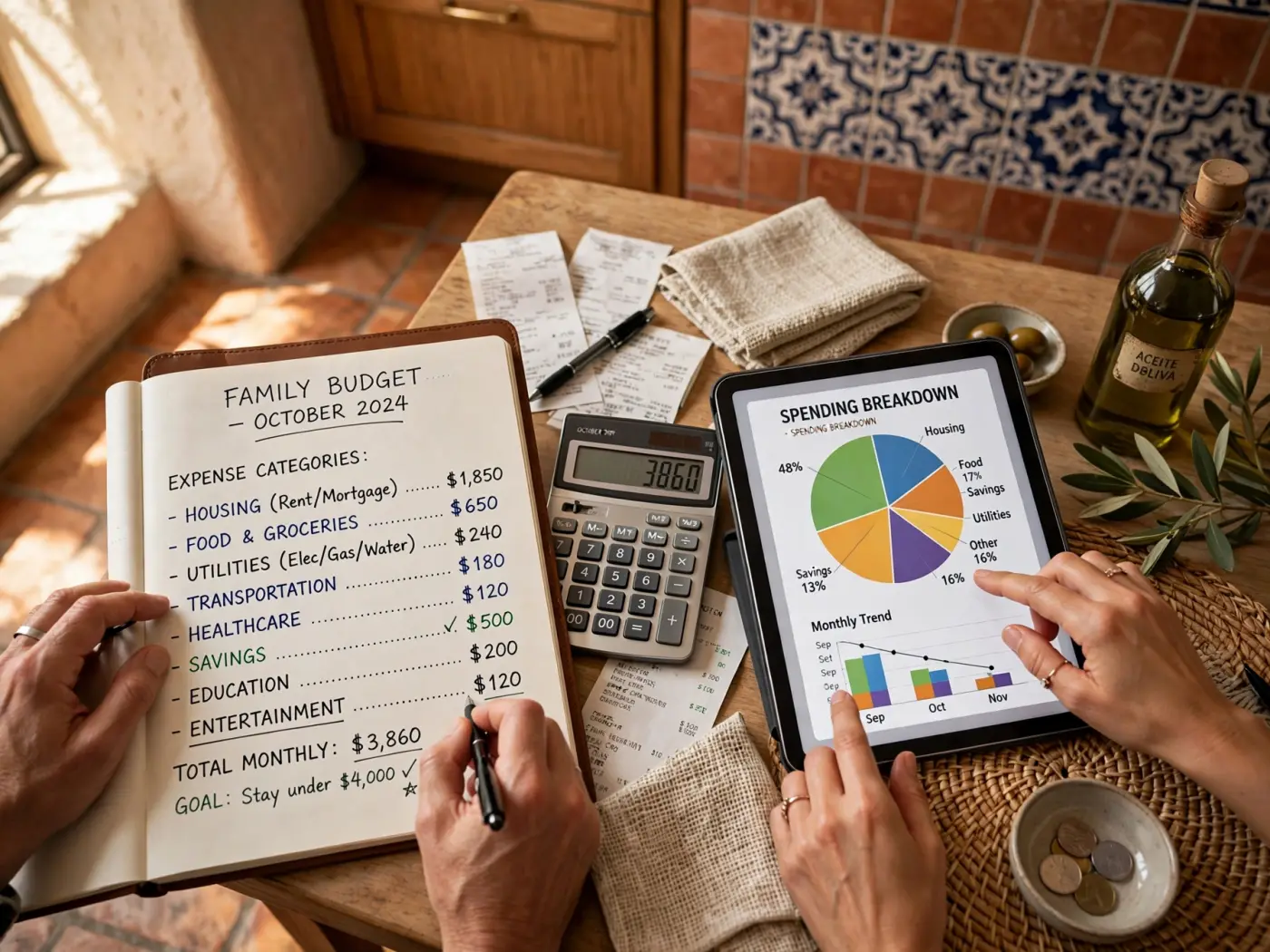 Planificación del presupuesto familiar con calculadora y agenda