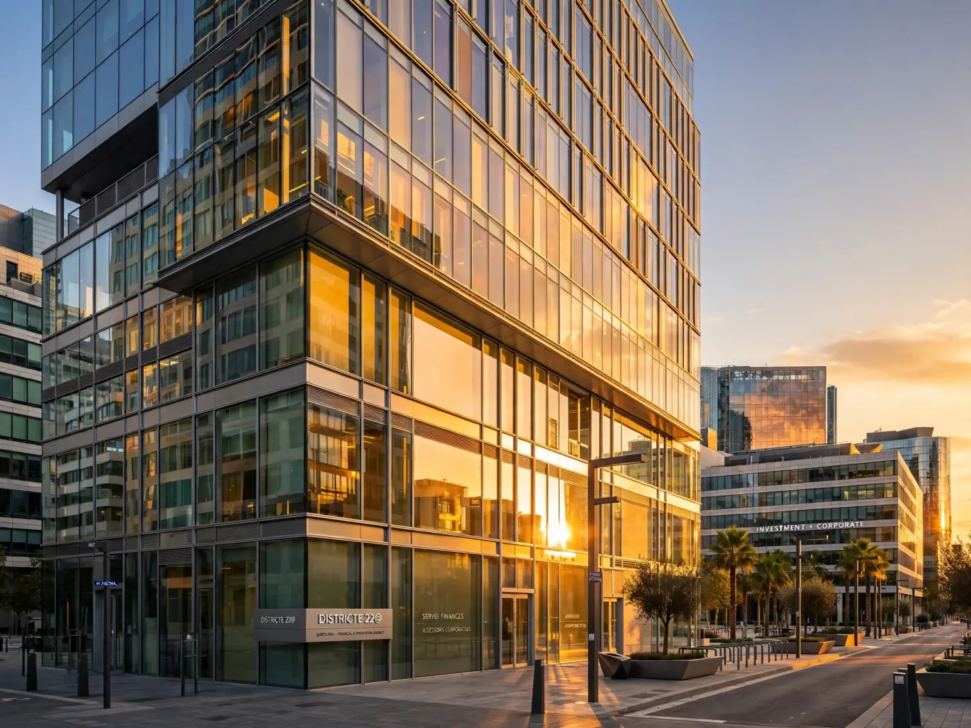 Distrito financiero moderno de Barcelona al atardecer