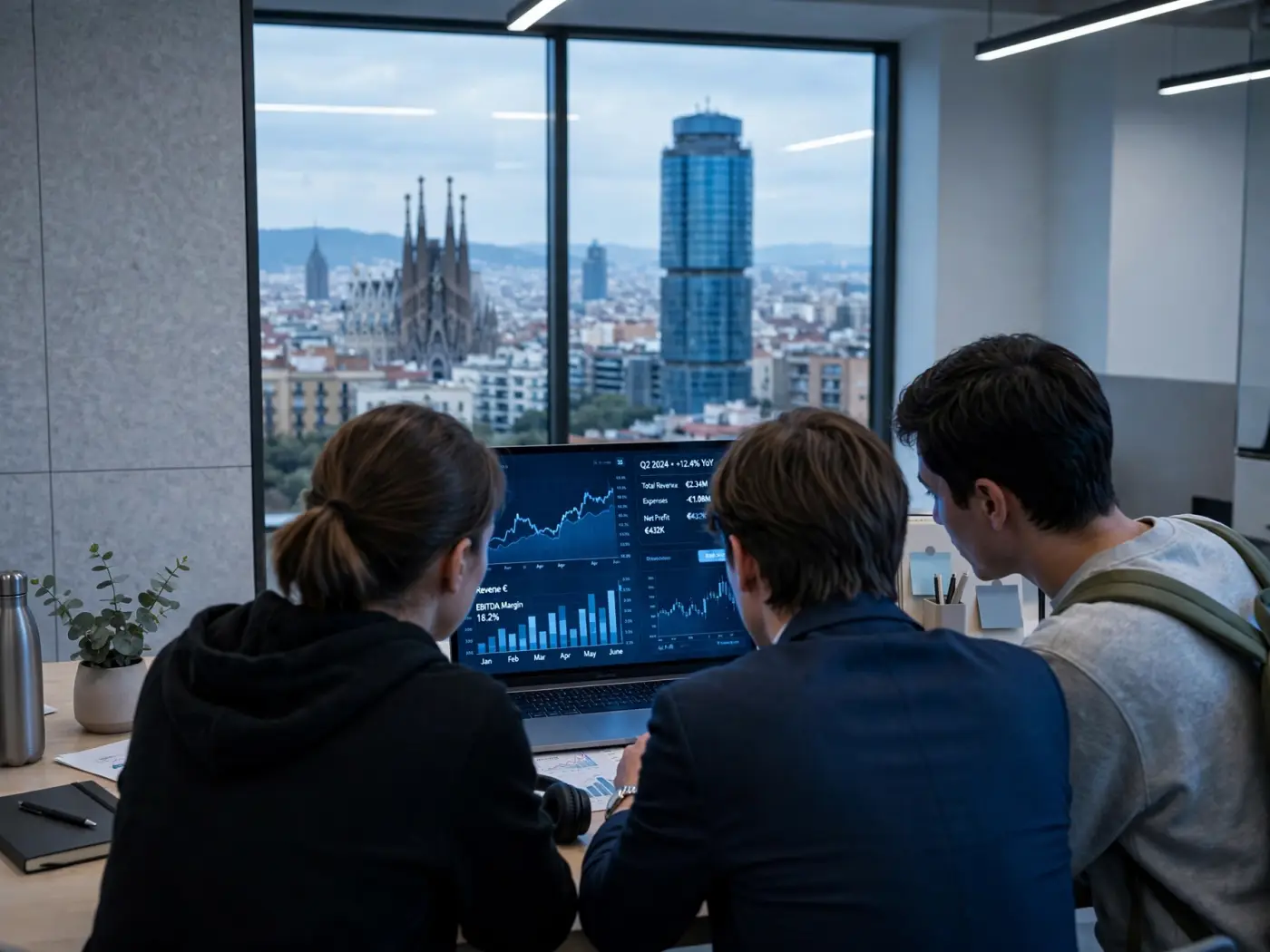 Equipo revisando gráficos financieros en una oficina moderna