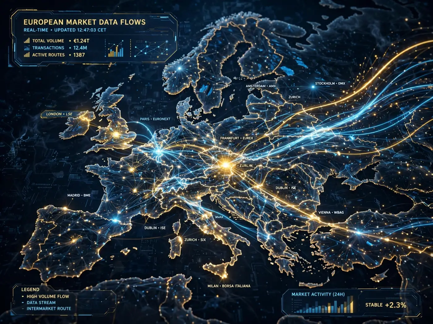 Visualización abstracta de flujos de datos de mercados europeos