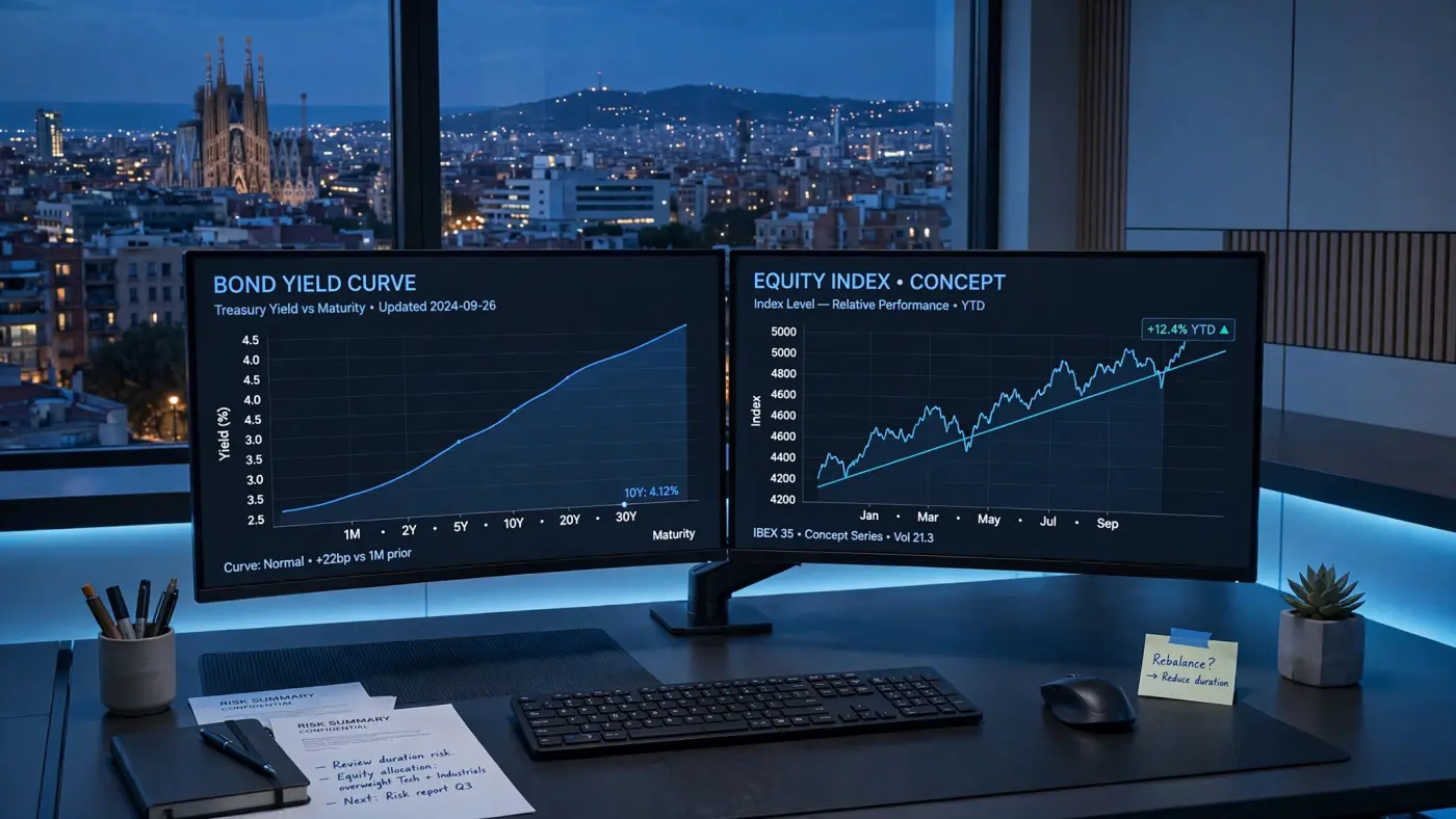 Espacio de trabajo analítico con monitores mostrando gráficos conceptuales de renta fija y variable
